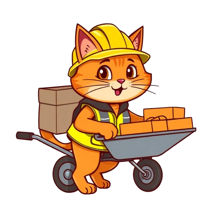 Builder cat pushing a wheelbarrow of bricks