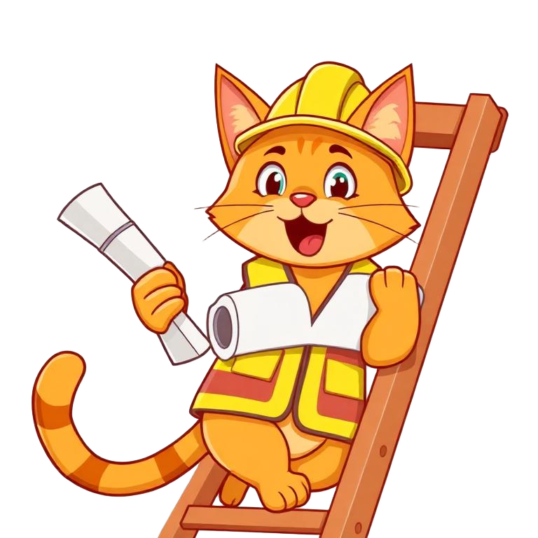 Builder cat climbing a ladder with a blueprint